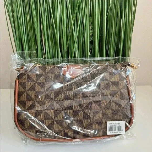 Designer Style Monogram Crossbody Bag Brown Gold Chain NWT - Picture 11 of 13